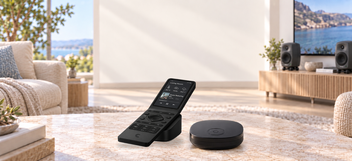 One Haptique RS90 on its charging dock beside the IR+RF Hub, with a sofa and TV in a bright living room