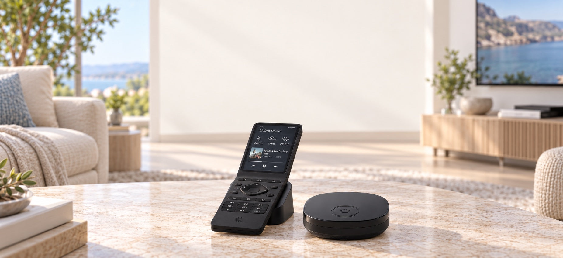One Haptique RS90 on its charging dock beside the IR+RF Hub, with a sofa and TV in a bright living room